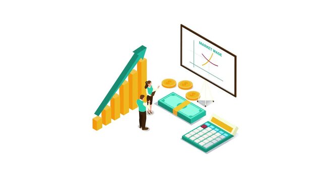Two business people looking at market wage chart