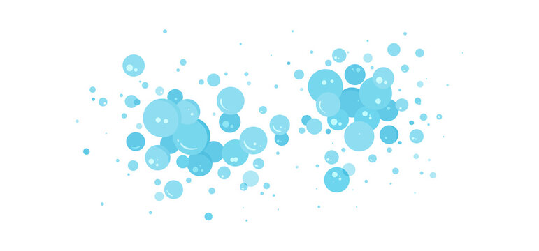 Soap bubble vector background, blue foam shampoo, cartoon suds icon. Transparent effervescent air bubbles stream. Abstract soda pop. Fizzy drinks