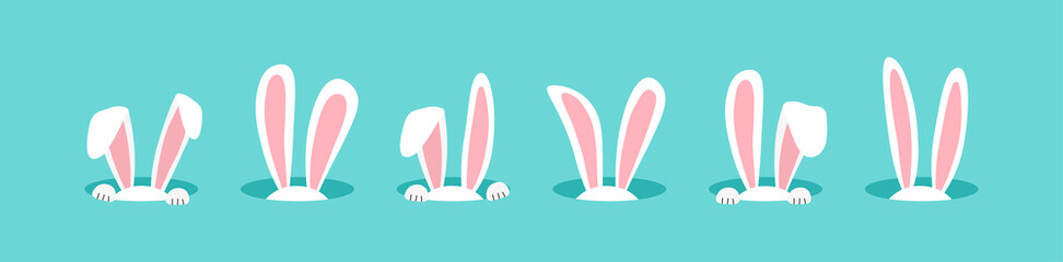 Easter bunny vector icon, rabbit in hole, cartoon ears on blue background. Cute animal illustration