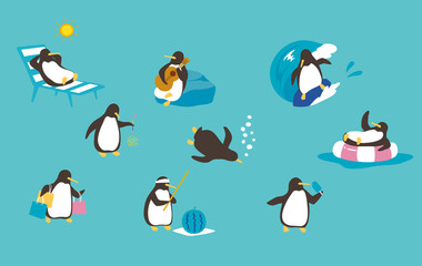 夏を満喫するペンギンのイラストセット - obrazy, fototapety, plakaty