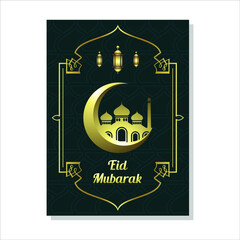 Eid Mubarak Islamic Poster Design Template with Mosque Vector