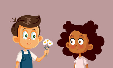 Surprised Girl Receiving Flowers Vector Cartoon Illustration
