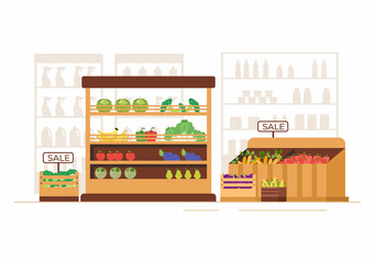 Supermarket with Shelves, Grocery Items and Full Shopping Cart, Retail, Products and Consumers in Flat Cartoon Background Illustration
