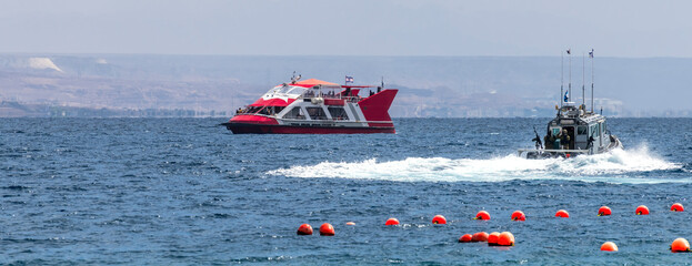 Pleasure and military boats in the Red Sea, Middle East