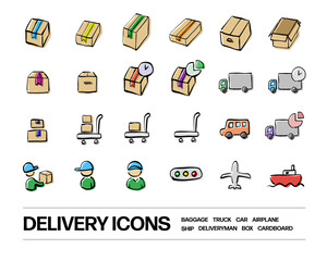 ダンボール箱,トラック,配達員等の配達関連のカラーアイコンセット