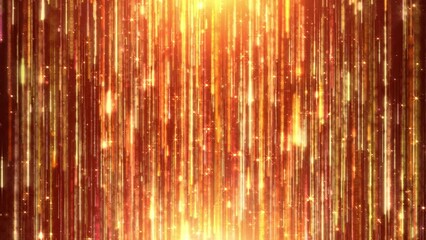 Golden shine particle rain is spectacular motion graphics. Luxury sparkling gold particle light stripes continue to forward, used for awards ceremony, wedding stage, show party celebration blessing.