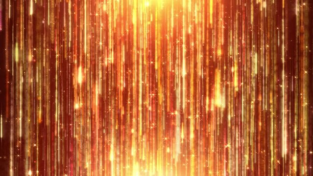 Golden shine particle rain is spectacular motion graphics. Luxury sparkling gold particle light stripes continue to forward, used for awards ceremony, wedding stage, show party celebration blessing.