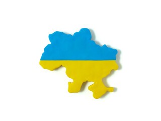Silhouette of the map of Ukraine with the colors of the flag blue and yellow. Pray for Ukraine. Stop Ukraine war. handmade from plasticine
