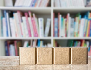 Wooden irregular blocks for letters on library background