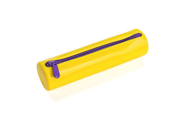 Yellow pencil case with purple lock isolated on a white background. Flat lay. - obrazy, fototapety, plakaty
