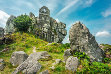 Roche Rock,ruins of Chapel,with dramatic summer sky,Roche,Cornwall,England,United Kingdom.