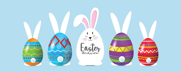 Happy easter banner background. Easter bunny and egg isolated on sky blue color background.