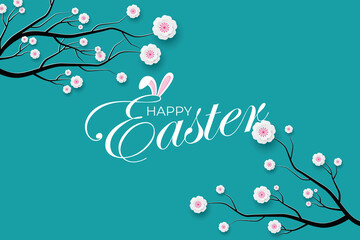 Happy Easter banner. Holiday concept design for greeting card, banner, poster, flyer, web. Happy Easter floral blue background. Paper cut out art style, vector illustration