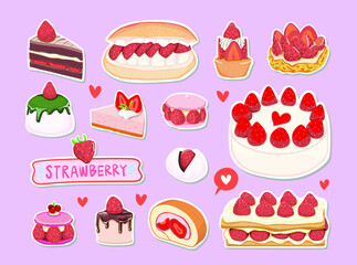 Strawberry Cake Sweet Dessert sticker Objects collection Free Vector	