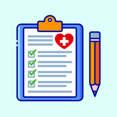 Form of doctor report. Health insurance concept. Clinical clipboard with pencil colored icon. Collection of vector illustrations on the theme of medical tools, drugs and healthcare diagnostics.