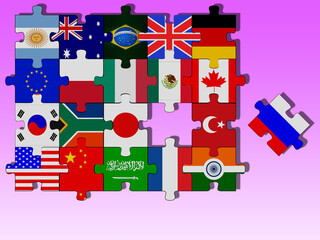 Flags of the Big Twenty countries in the form of a puzzle. 3d rendering.