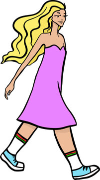 recommend clip art: Fashion girl in purple dress with long hair is walking fast. Cartoon young woman sketch. Vector illustration.