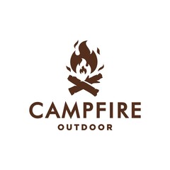 vintage bonfire Campfire logo badge label vector illustration on white background. Crossed logs of wood and fire flame Classic badge design 