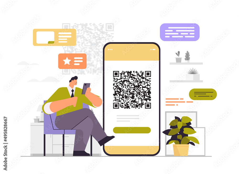 Poster businessman scanning qr code on smartphone screen readable barcode verification concept