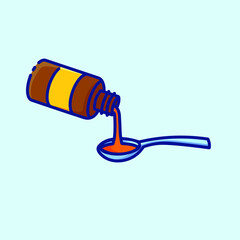 Medicine bottle and measuring spoon with syrup color icon on blue background. Treatment and prevention of SARS. Collection of vector icons on the theme of medical tools and healthcare diagnostics.