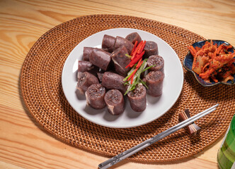 The Korean Blood Sausage or Sundae, Soondae is Korean traditional national food. Street home Asian...