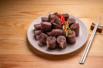 The Korean Blood Sausage or Sundae, Soondae is Korean traditional national food. Street home Asian cuisine.