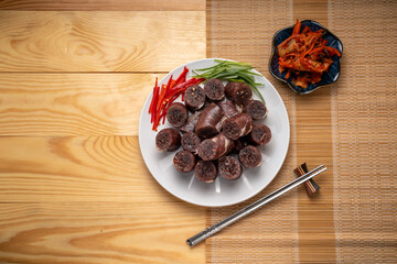 The Korean Blood Sausage or Sundae, Soondae is Korean traditional national food. Street home Asian...