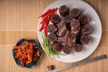 The Korean Blood Sausage or Sundae, Soondae is Korean traditional national food. Street home Asian cuisine.