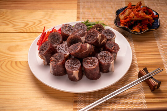 The Korean Blood Sausage or Sundae, Soondae is Korean traditional national food. Street home Asian cuisine.