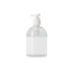 Clear hand sanitizer in a clear pump bottle mockup isolated on white background with clipping path.