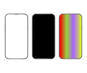 Illustrations and vectors, top view, 3 types of smartphones, white, black, and rainbow (red, blue, green, yellow) screens with copy space. White background.