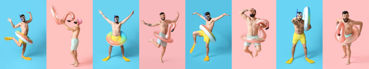 Set of man with inflatable ring on color background