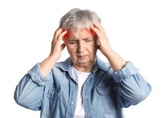 Stressed senior woman suffering from headache isolated on white
