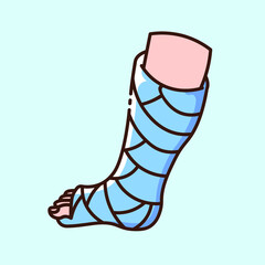 Orthopedic plaster cast on a broken leg on blue background. Medical equipment to make life easier for the disabled. Collection of icons on the theme of medical tools and healthcare diagnostics.
