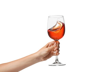 Female hand with glass of tasty wine on white background