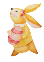Happy Easter card. Rabbit with egg.  Hand drawn watercolor illustration isolated on white.