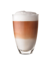 Glass of tasty latte on white background