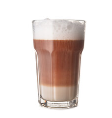 Glass of tasty latte on white background