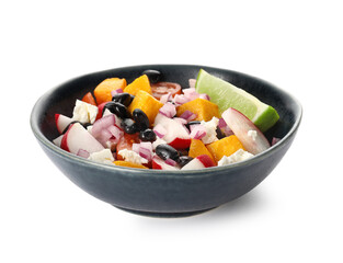 Bowl of tasty Mexican vegetable salad with radish and black beans on white background