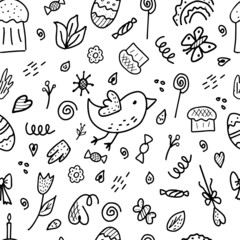 Black and white seamless illustration with Easter holiday. Design for textiles, wrapping paper or wallpaper. Easter time.