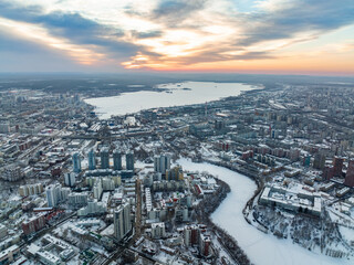 Yekaterinburg aerial panoramic view at Winter in cloudy day. Ekaterinburg is the fourth largest city in Russia located in the Eurasian continent on the border of Europe and Asia.