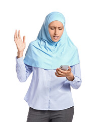 Angry Muslim secretary with phone on white background