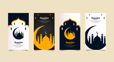 Modern Ramadhan kareem design Stories Collection. Ramadhan kareem template stories suitable for promotion, marketing etc. simple and clean ramadan kareem background with crescent moon and mosque  - obrazy, fototapety, plakaty