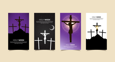 Elegant Holly week design Stories Collection. Ascension Day of Jesus Christ template stories suitable for promotion, marketing etc. Holly week design background with Shinny Jesus cross Silhouette
