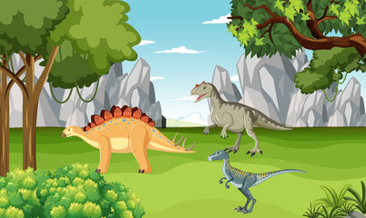 Prehistoric forest with dinosaur cartoon © blueringmedia
