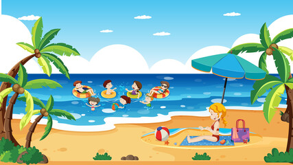 Fototapeta na wymiar children playing at beach in summer