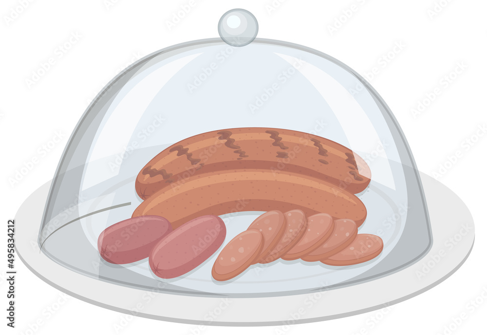 Wall mural Grilled sausages on round plate with glass cover on white background