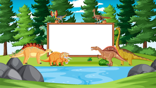 Prehistoric forest with empty board and dinosaur