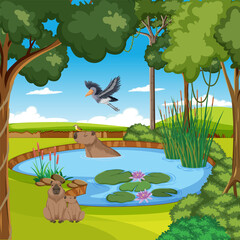 Wetland forest scene with capybara
