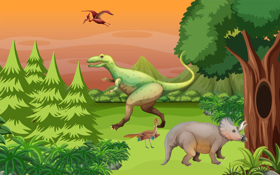 Scene with many dinosaurs in forest